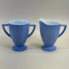 Vintage Hazel Atlas Blue Platonite Hairpin Creamer Open Sugar Set