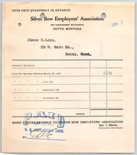 Silver Bow Employers' Association 1925 "Leys" Butte, MT  Dues Billhead / Receipt