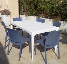 Set Tavolo Resina Bianco 150X90 + 6 Sedie Giardino Esterno Bar Locali Contract