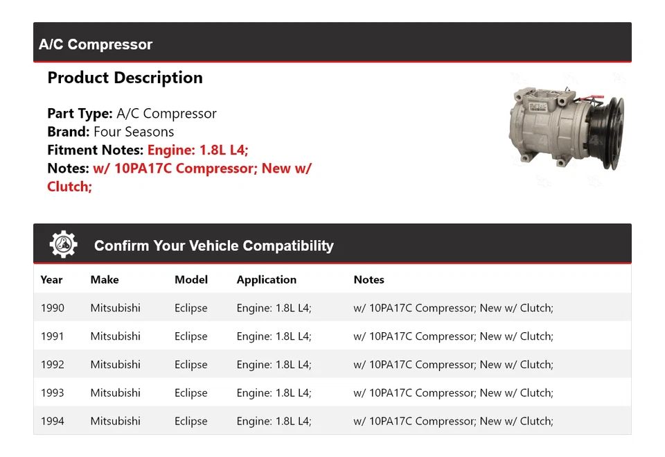Compresor de aire acondicionado para Mitsubishi Eclipse 1990-1994 1,8 L L4 4 estaciones 1991 1992 1993 Foto 2 de 4