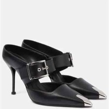 Alexander Mcqueen Punk Buckle Leather Mule Women's Black. Size 38.5 NWB