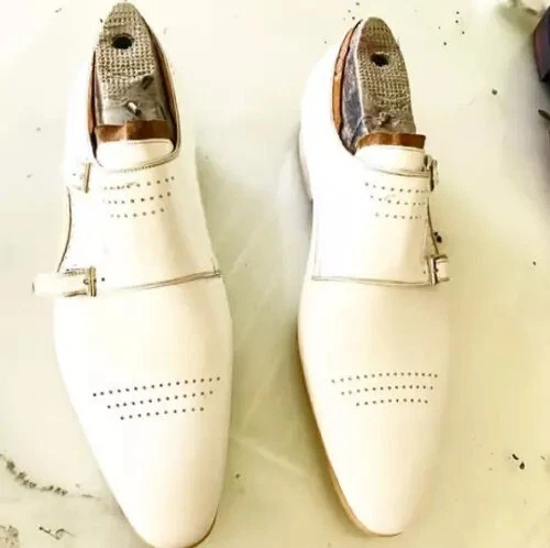 OFF WHITE Scarpe uomo in vera pelle fatte a mano bianco sporco doppio cinturino monaco abito formale festa