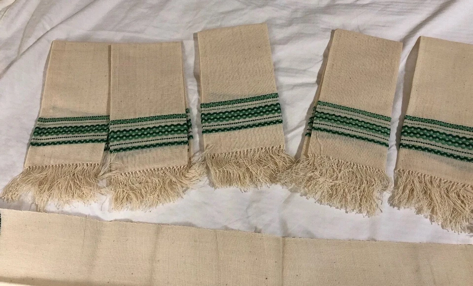 New Farmhouse FEED SACK Burlap 6 Napkins & 36" Table Runner Primitive green trim - Image 3 of 4
