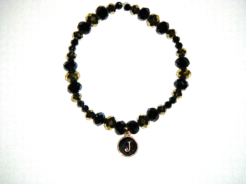 INITIAL "J" CHARM (BLACK) BEADED BRACELET (7 7/8"):  HAND-MADE JEWELRY BY T.L.C.