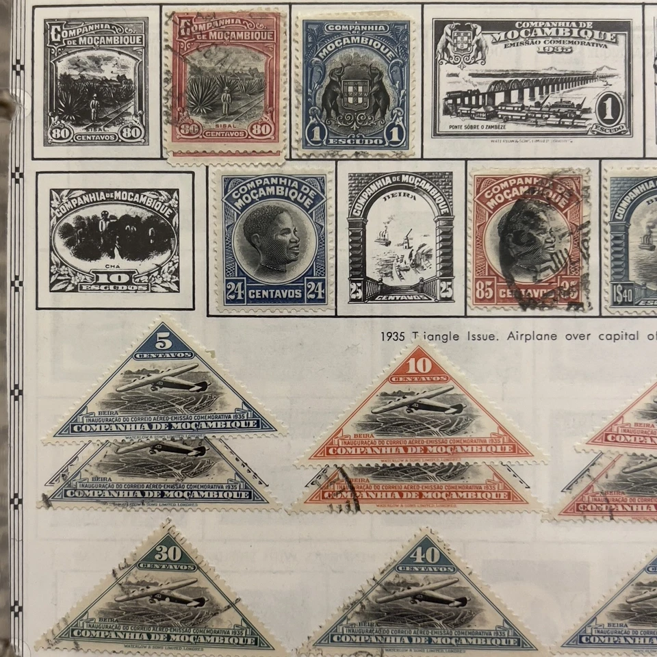 LOTE DE SELLOS M&U DE MOZAMBIQUE DE LOS AÑOS 1910-1940 EN PÁGINA DE ÁLBUM TRIAGLE, CORREO AÉREO, ANIMALES Foto 2 de 4