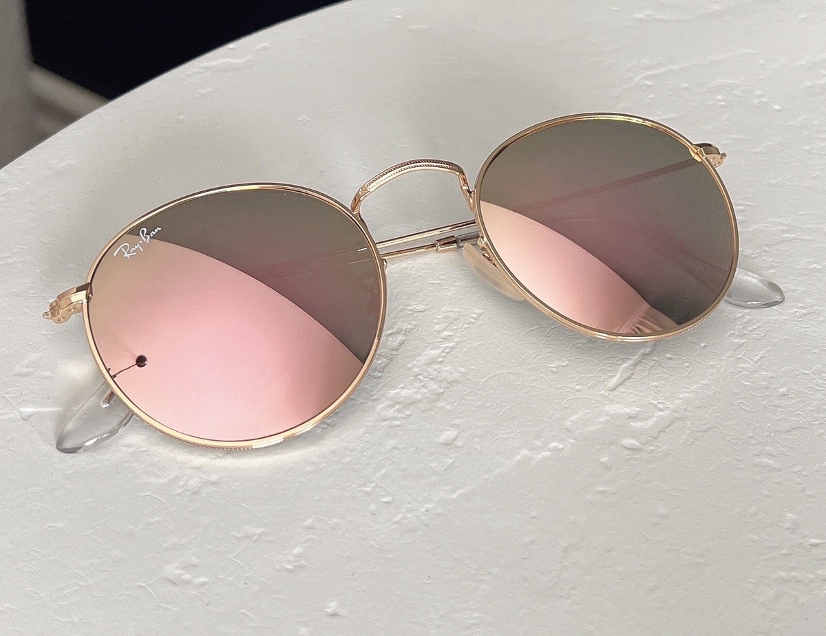 RayBan RB3447 Round Women Sunglasses Classic Mirror Flash Pink Lens, Gold Frames RayBan RB3447 Round Classic Sunglasses Women Flash Pink Lens  main image 2