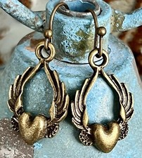 Bronze Etched Winged Heart Charm Dangle Earrings. Love. Romance. Valentine