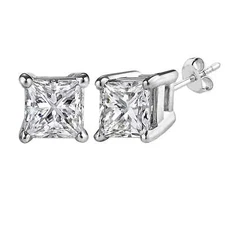 14k White Gold Princess Cut White Cubic Zirconia Stud Earrings, 5mm