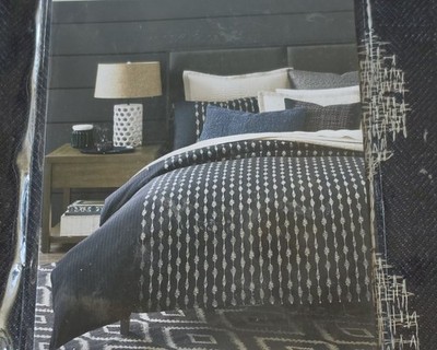 Oake Sutton Duvet-Comforter Cover Twin,  Deep Charcoal-White Embroidery $330 NEW