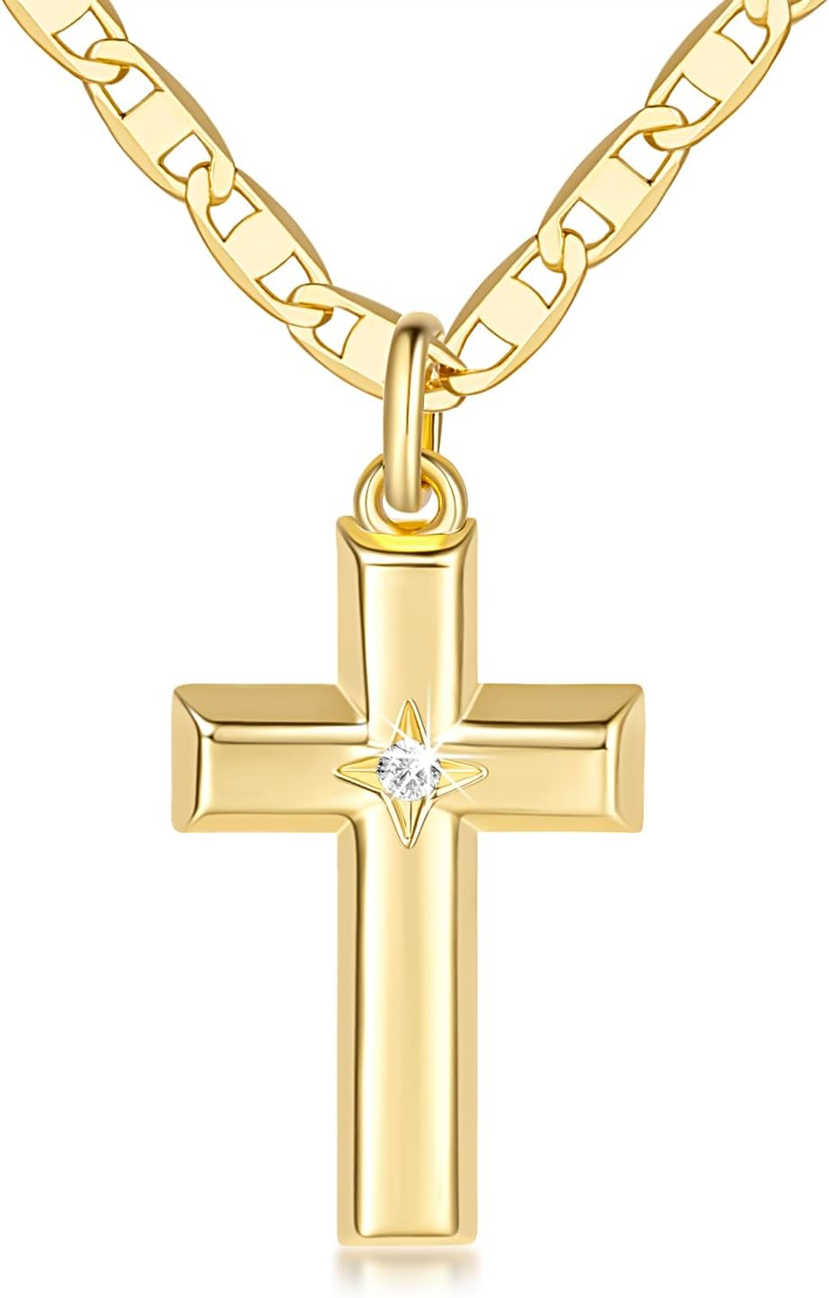 14K Gold Cross Necklace with CZ Stone | 48cm Chain | 27mm x 16mm Cross Pendant