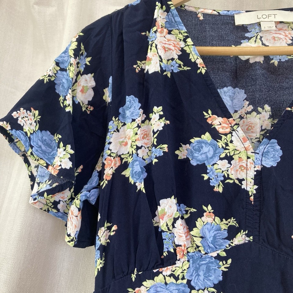 Ann Taylor LOFT Short Sleeve Blue Floral Print Fit &amp; Flare Dress Size 2 ...