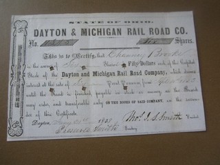 1858 DAYTON & MICHIGAN RAILROAD COMPANY Stock Certificate OHIO