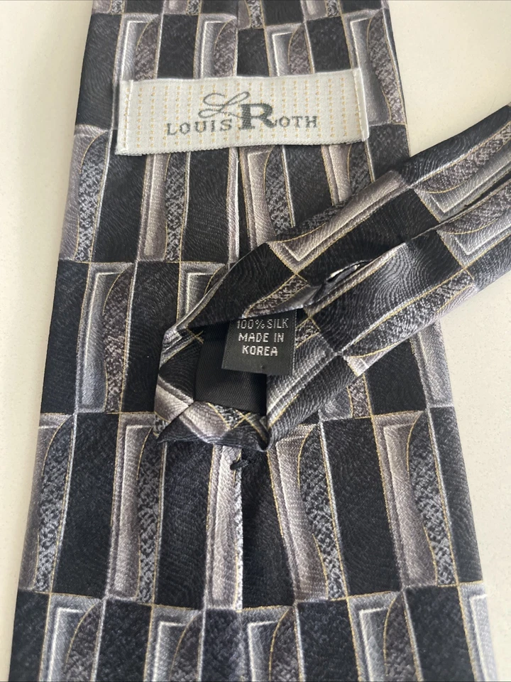 Corbata LOUIS ROTH 100% Seda Azul y Negro y Gris Geométrica Seda Italiana Foto 4 de 4