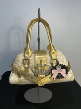 My Flat In London Womens Duffle Bag/ Purse Tan White & Gold Logo Rhinestones