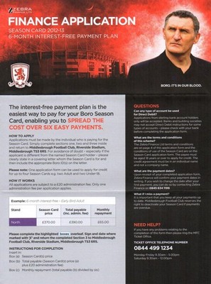 2012/13 MIDDLESBROUGH FC DAUERKARTE ZAHLUNGSPLAN A4 4-SEITIG SELTEN NEUWERTIG*