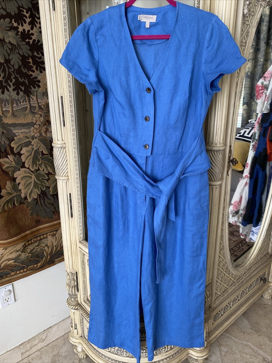 Hobbs London Linen Jumpsuit V Neck Pockets Tie Waist Palazzo Blue