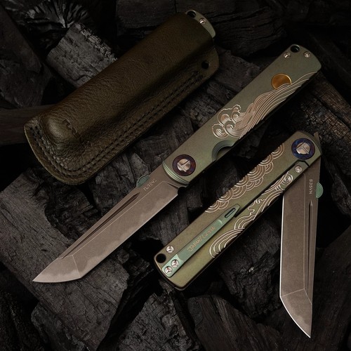 Folding Knife with TC4 Titanium Handle - CPM-S35VN Steel Blade & Leather Sheath - Picture 14 of 15