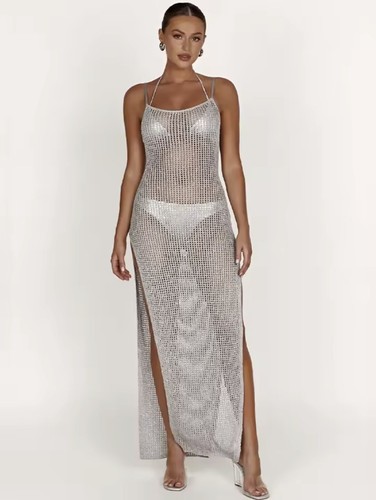 Silver Crochet Beach Cover Up Maxi Dress, Knitted Summer Dress - Size M (UK 10) - Picture 10 of 11