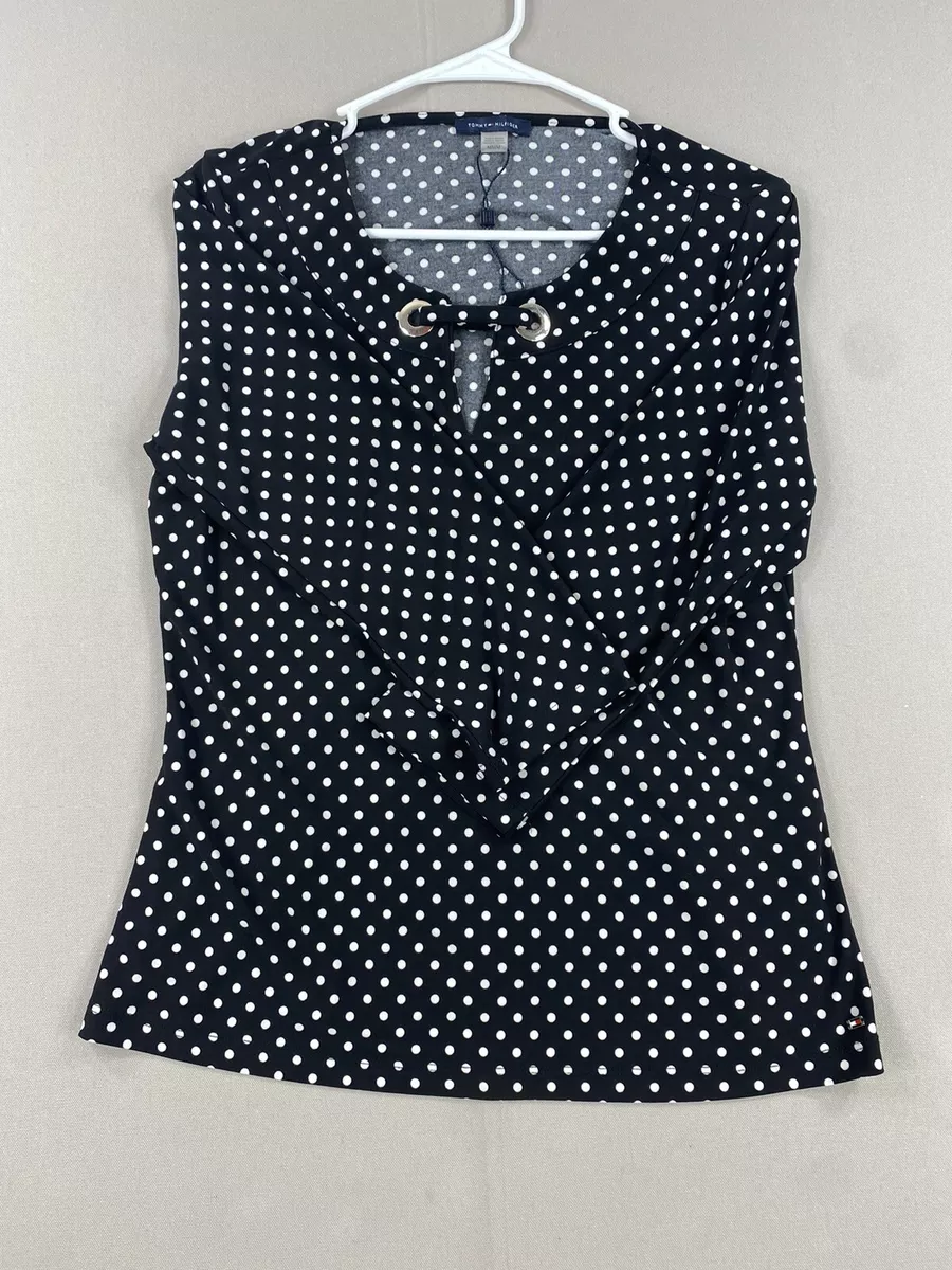 Tommy Hilfiger Blouse Womens M Medium Black White Polka Dot 3 4 Sleeve