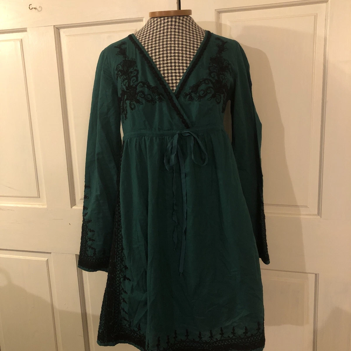 Lucky Brand Embroidered Dress Xsmall Women Casual Long Sleeve Boho 36 Bust  Green