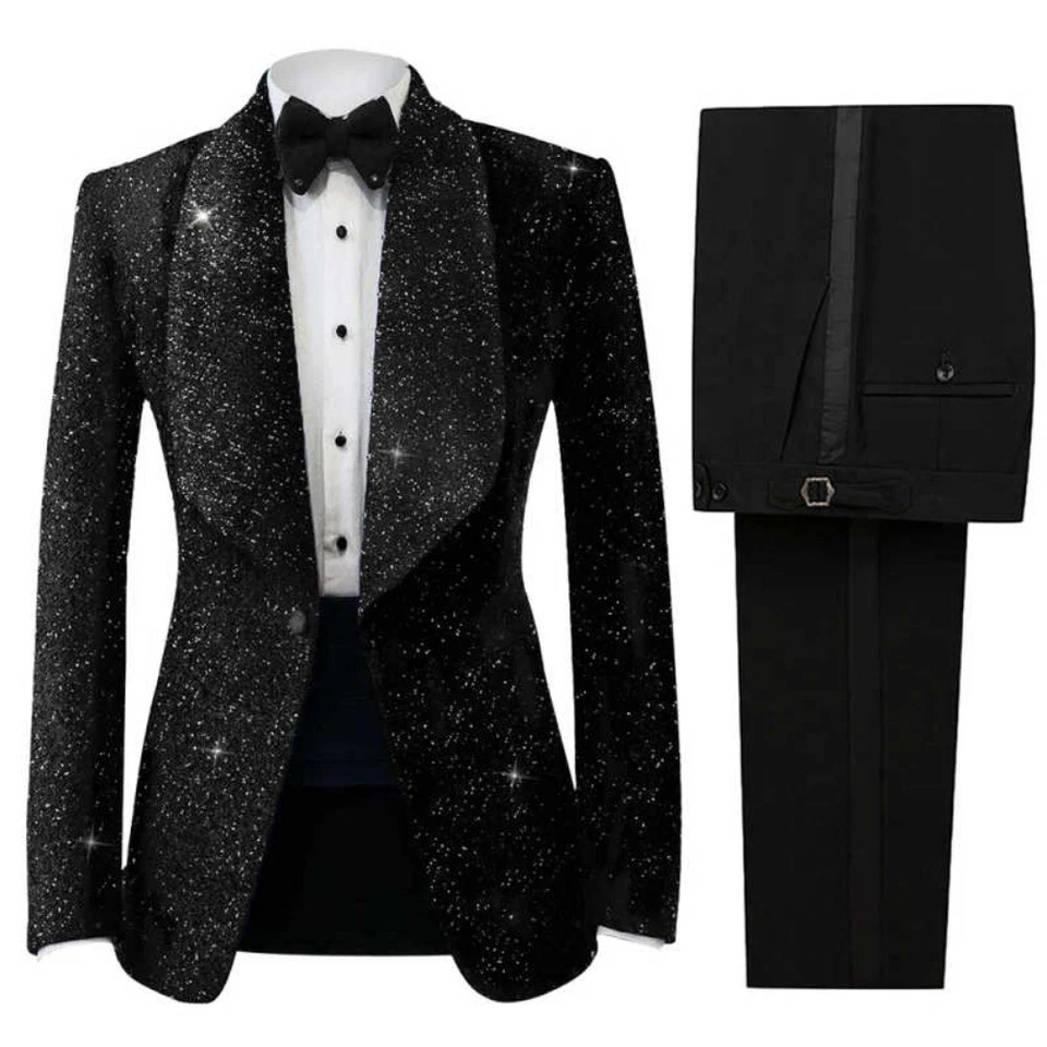 Trajes ajustados brillantes para hombre para boda formal banquete chal solapa abrigo pantalones negros Foto 4 de 4