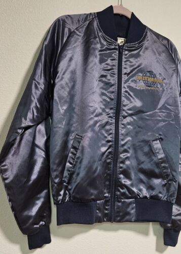 Vtg Mac Murray Embroidered Universal Studios Bomber Jacket NavyBlue Satin Large - Picture 7 of 22