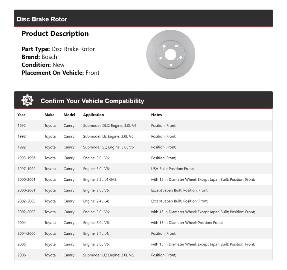 Para 1992-2006 Toyota Camry Bosch QuietCast rotor de freio a disco dianteiro 1993 1994 1995 - Imagem 2 de 4