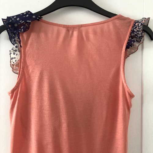 Ted Baker Size 0 UK 6 Coral Modal Sleeveless Top Navy Beige Coral Silk Ruffle - Picture 6 of 9