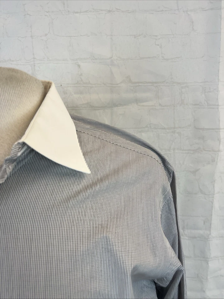 Camisa de vestir de algodón a cuadros gris y blanco de Paul Stuart de cuello blanco para hombre 16-35 $148 Foto 2 de 4