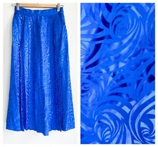 Vintage Bright BLue SILK Embossed Pleated Midi Skirt S