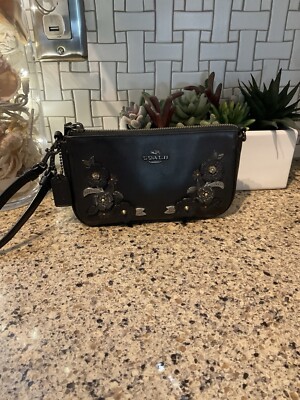 Coach Nolita Wristlet 19 With Metal Tooling Tea Rose Black 27272