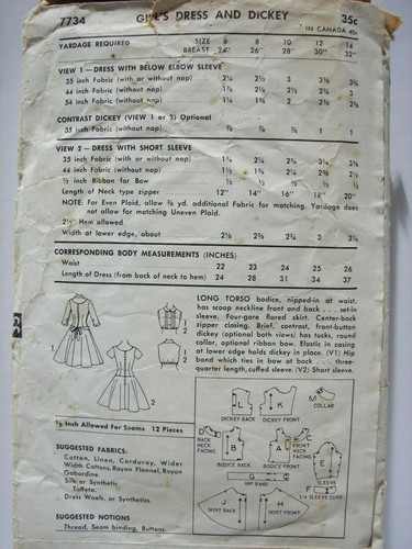 VTG 40's ~ Advance Pattern #7734 ~Girl's Dress & Dickie ~ Size 6 Breast 24" - Picture 2 of 2