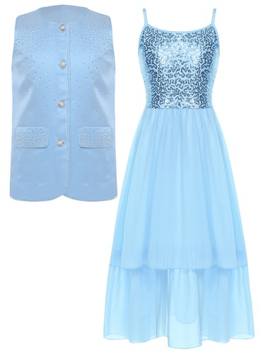 Girls~Sequin Chiffon Maxi Dress Rhinestone Vest 2 Piece Outfits Wedding Party - Picture 42 of 66