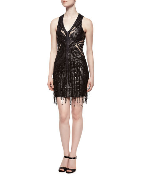 NEW Haute Hippie Faux Leather Fringed Bodycon Deep V Neck