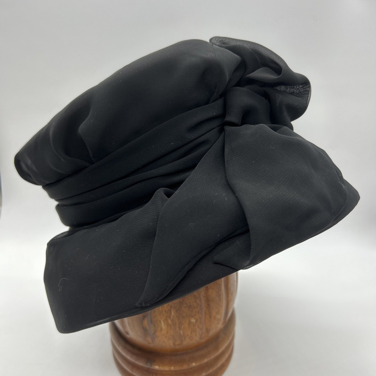 Vintage Crepe Bucket Womens Brim Hat Black Bow Draped Patty Carter Milnery