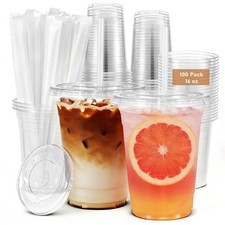 100 Pack 16oz Plastic Cups with Lids and Straws - Disposable Iced Coffee Cups...