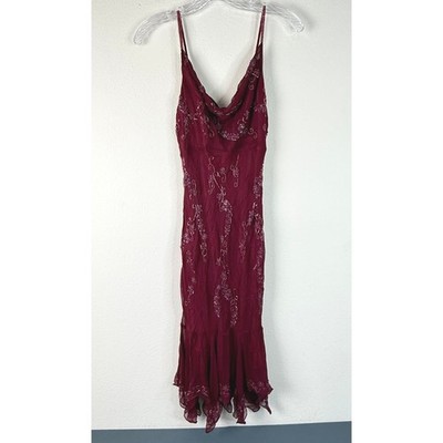 Scala Dress Womens S Burgundy Silk Beaded Handkerchief Hem Cowl Neck Y2K