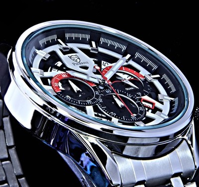Pierrini Herren Armband Uhr Schwarz Silber Farben Chronograph Stoppuhr