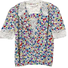 Vintage Miss O by Oscar Dela Renta Floral Short Sleeve Top Multi-Color Size XL