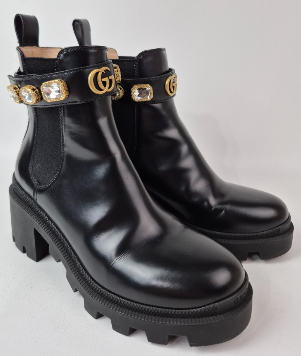 Gucci Women's Black Crystal GG Trip Embellished Chelsea Ankle Heel