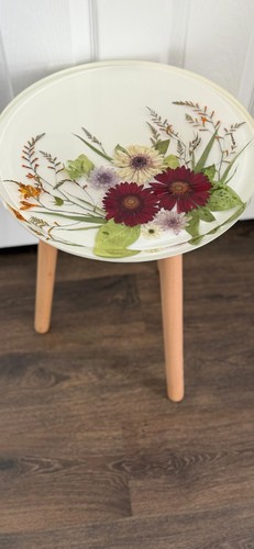 Real Pressed Flower Accent Side Table Botanical Epoxy Resin Top | Wooden legs