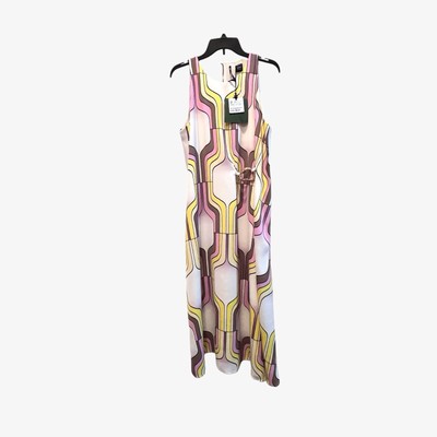 Marella Dress 14 $595 Art 365 Score Maxi Pink Ivory Yellow Taupe Mod Retro