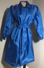 Vtg Blue Rubber Trench Rain Coat Duster Belted 6