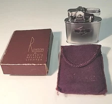 Vtg Ronson Standard Lighter ChromeArt Deco Sleeve, Box   USA Nice