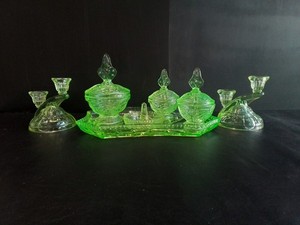 Art Deco Uranium Glass Vanity Dressing Table Set 1930s SOWEBY.