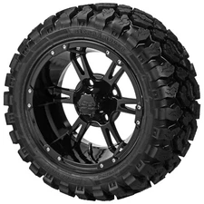 (4) Golf Cart 20x10R12 Sierra Rover Radial Tire on 12x7 Gloss Black Raptor Wheel
