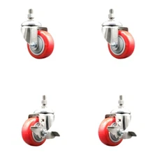 3 Inch 316SS Red Polyurethane Swivel 12mm Threaded Stem Caster Set 2 Brake