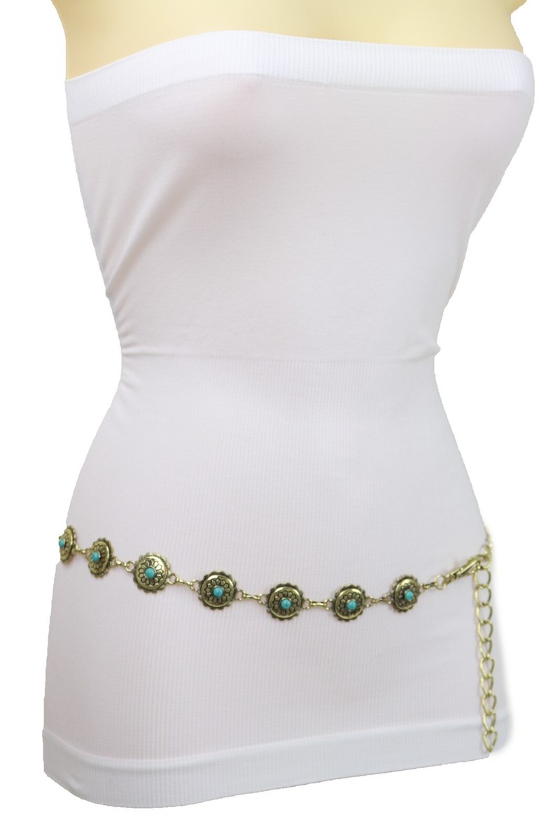Women Western Fashion Belt Gold Metal Turquoise Flower Charm 