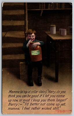 Little Boy Eating Raspberry Jam ''Better Not Come Up Yet'' Bamforth 1909 Postcard