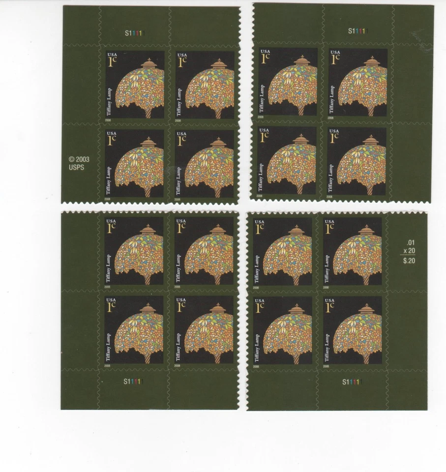 TIFFANY LAMP US 2008 Scott #3749A AMERICANA 1c MVF PLATE BLOCK + 20 STAMP SHEET - Image 3 of 3